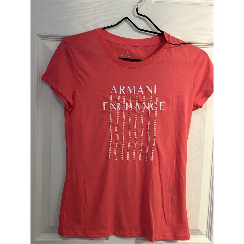 NWT Armani‎ Exchange Women's Branded T Shirt Pink Sequins Size Small